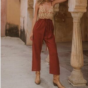 Macra Spirit Boho Halter Jumpsuit S/M Sleeveless Wide Legged NWT Orange Brown